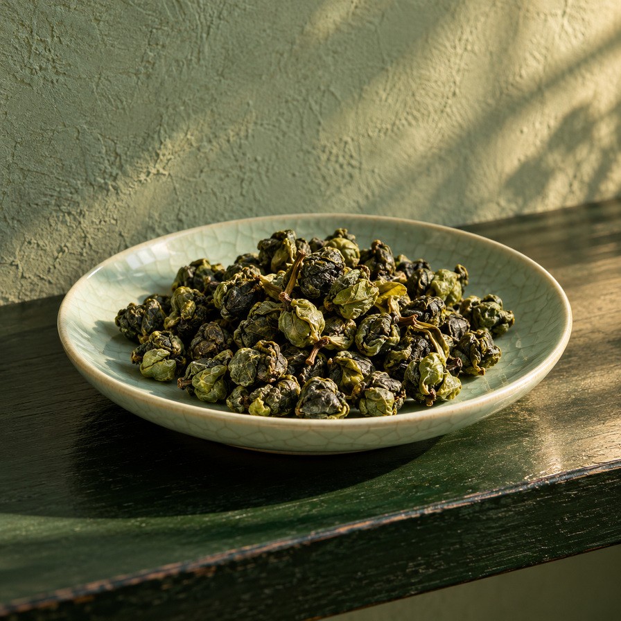 Alishan oolong nagy, világoszöld gyöngyei egy világos kerámiatányéron