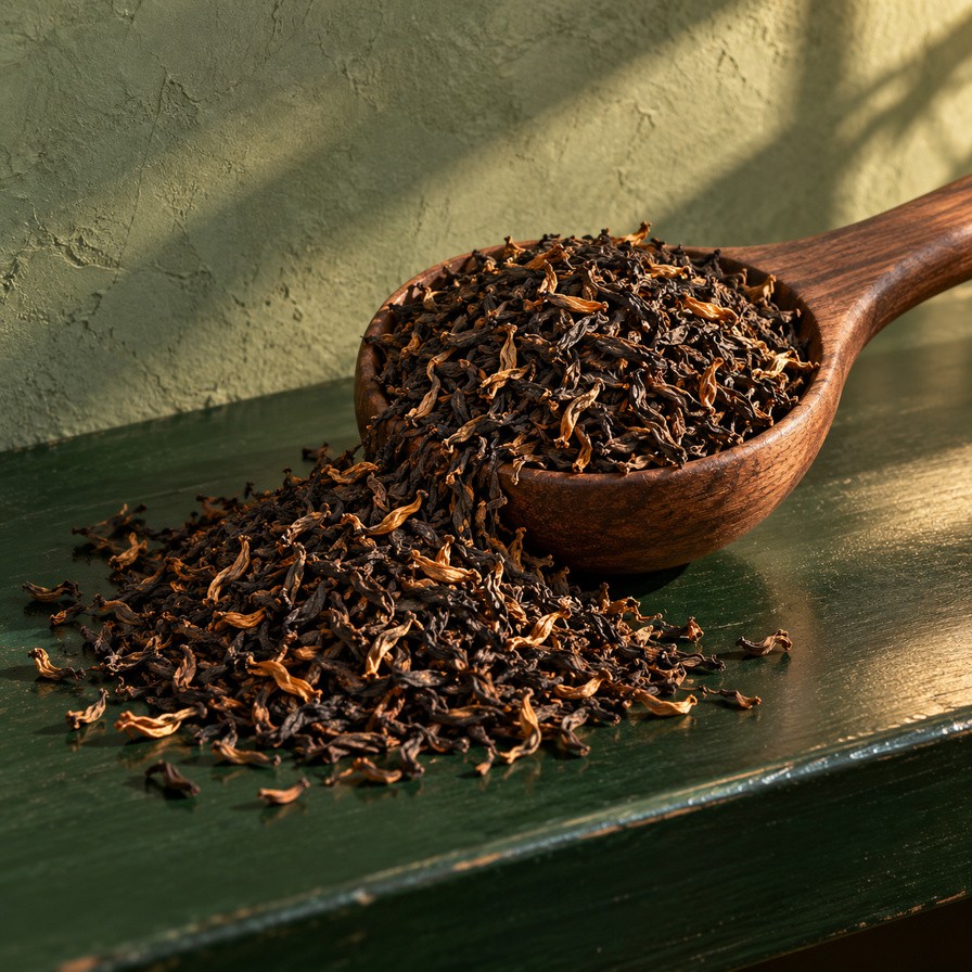 Assam fekete tea sötét levelei aranyszínű rügyekkel egy fakanálban