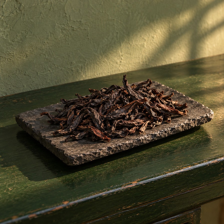 Da Hong Pao hosszú, csavart, sötét levelei egy pala tálcán