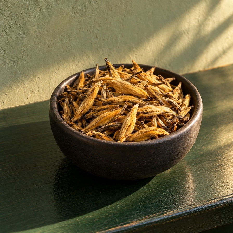 Yunnan aranyrügy tea aranysárga, pihés rügyei egy sötét kerámiatálkában